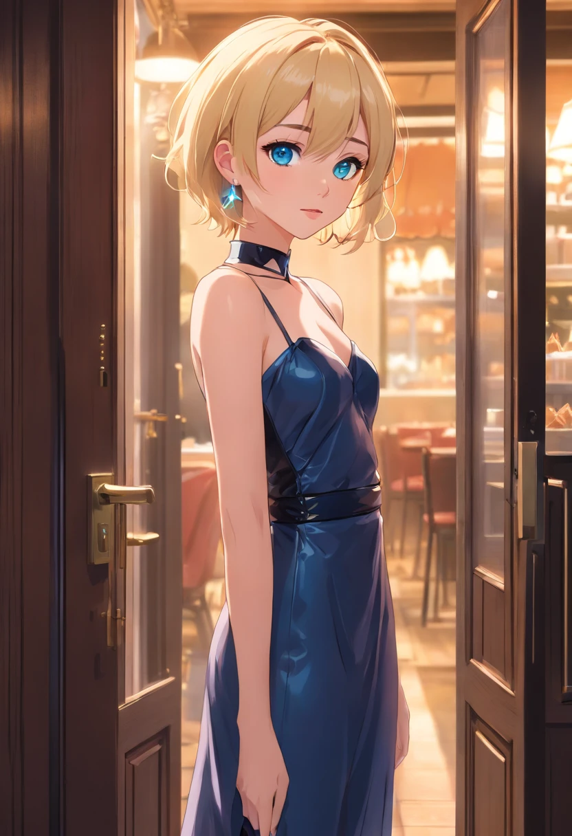  Women, ((Blonde)), ((Blue eyes)), ((Short hair)), ((Full shot)), very detailed makeup, pale pink lipstick, long earrings, black evening dress, strapless, wears a leather stole, which falls from the shoulders with stiletto shoes, at the door of a French restaurant