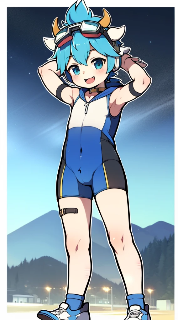 Two-dimensional boy，One-piece mountaineering suit，horn，Cow ears，Put the headphones on your head，stand up，goggles，sports shoes，Slim，Sailor collar，Knee socks，Short sleeve，Leg ring，cute，happy