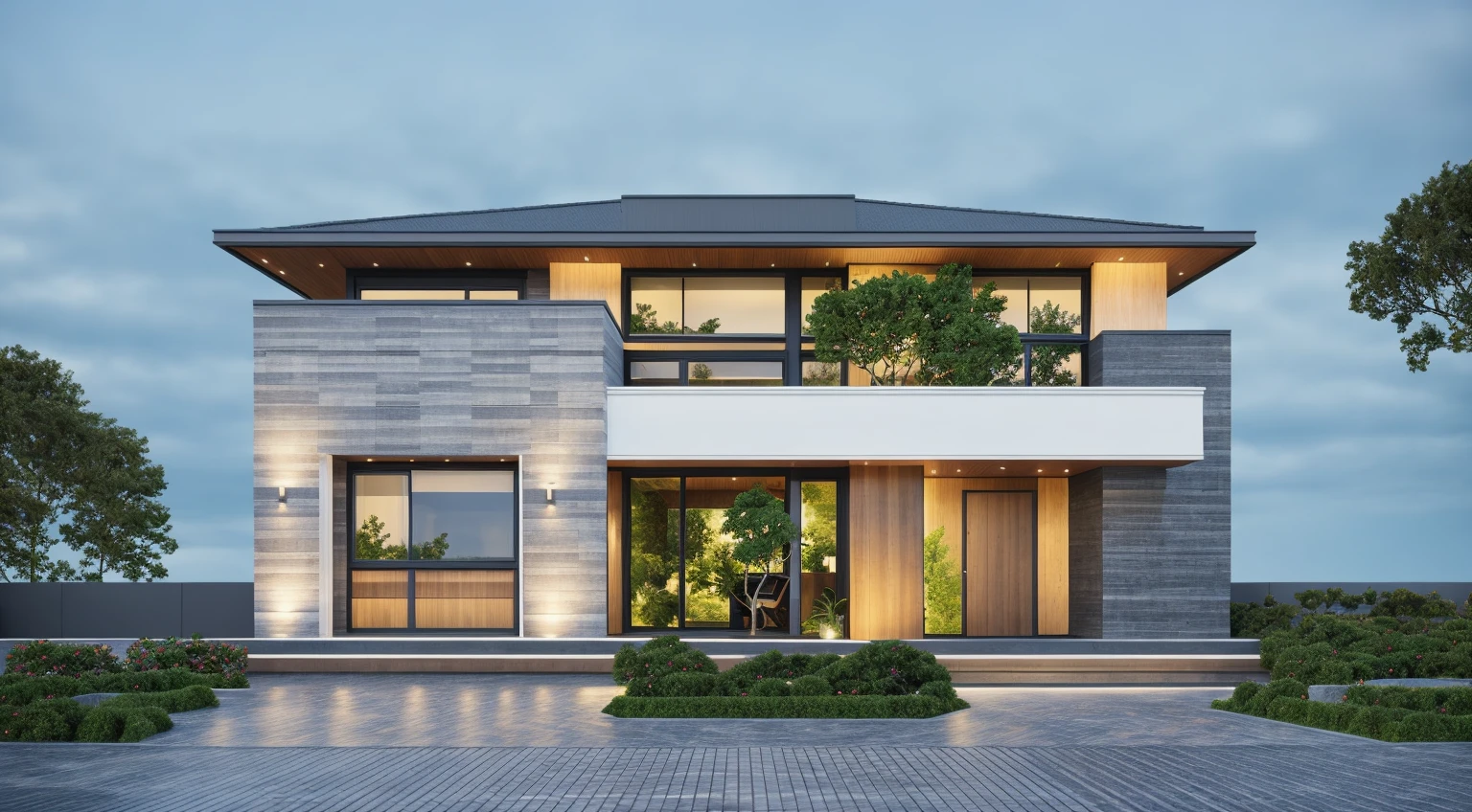 PLATFORM KTHOUSE, 1 morden villa, slope roof, main material of villa about build color wall:1.2 glass panel:1.1 and stone:1.2, 1large yard, 1 road runs in front of the house, (RAW photo, real, best quality, masterpiece:1.2), look morden minimalist, 1 road in front of the house, dynamic lighting:1.3, (hyper realistic, photo-realistic:1.2), high quality, (dark lighting:1.2), perfect lighting, archdaily, no human, light at 12 noon, light in door:1.2