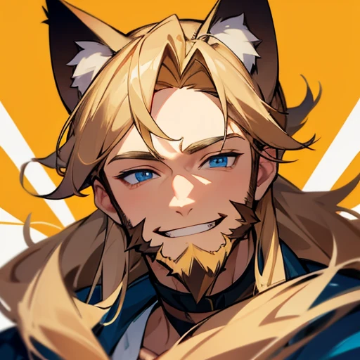 Brown blonde man with beard and blue eyes and cat ears on his head smiling showing teeth with pride