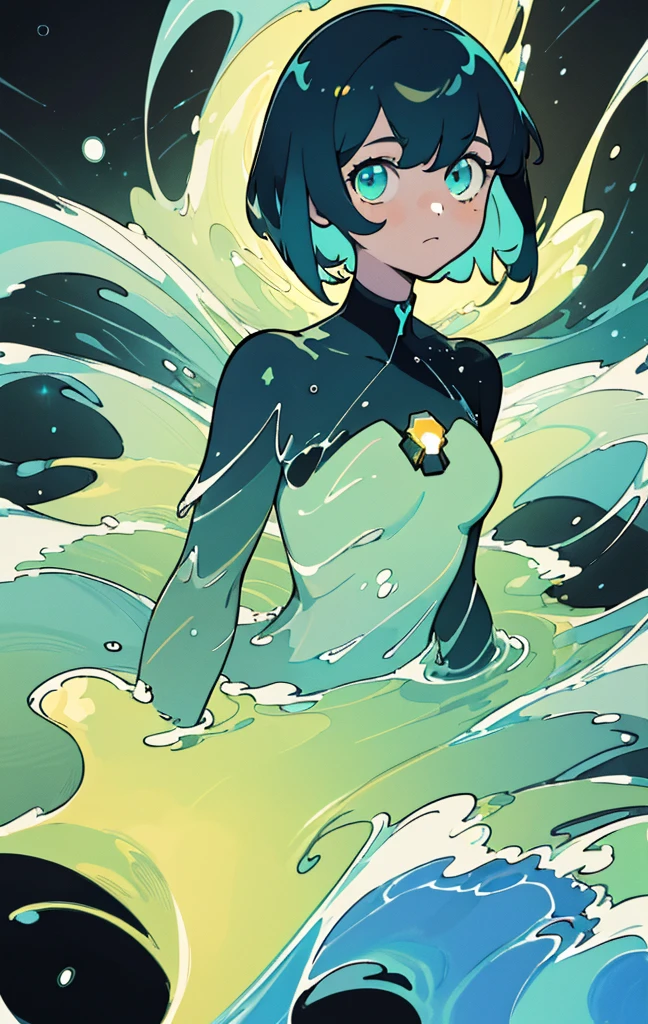(best quality, masterpiece), 1girl, particle, water currents, upper body, simple dark background, looking at viewer, cyan short hair, galaxy