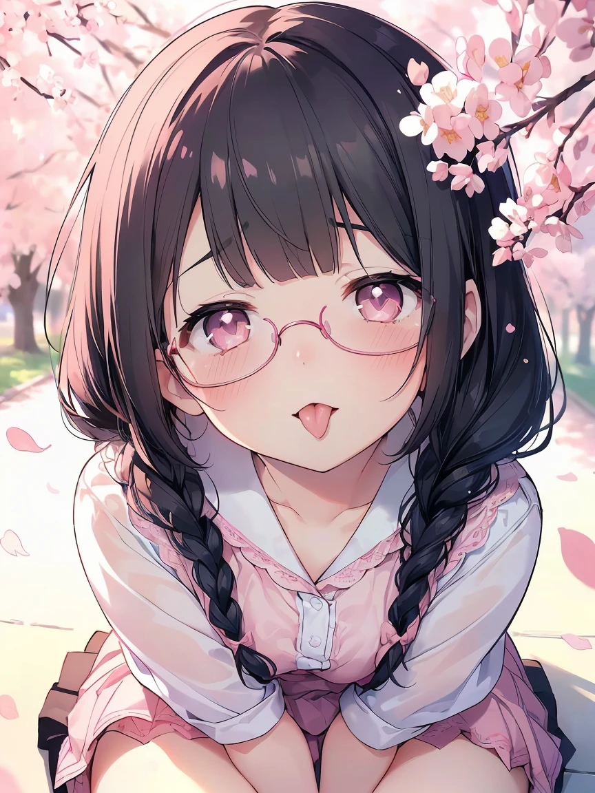Very detailed, highest quality, High resolution, Moe Anime, ((A cute elementary school girl with black hair and droopy eyes)), ((Wearing large round glasses:1.4)), (Baby Face), Cute eyes, Detailed eye depiction, Sparkle in the eyes, View your viewers, Pale skin, (Big eyes:1.4, Droopy eyes:1.4, Fatty face:1.4), smile, Focus on the face, In the park with cherry blossoms falling, Sitting, (Extreme close up of tongue), (((From above))), Open your mouth, (((Face only:1.3))), ((Pink lace lingerie)), Bright Eyes, (Put your hands between your legs:1.4), large and long tongue, Cleavage, Braided hairstyle, Pink ribbon