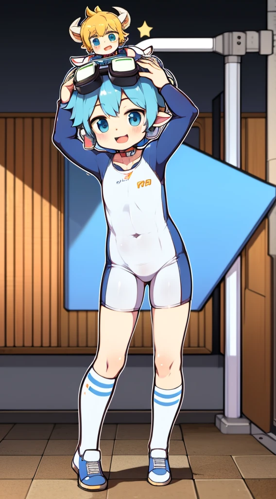 Two-dimensional boy，One-piece gymnastics suit，horn，Cow ears，Put the headphones on your head，stand up，goggles，sports shoes，Slim，Sailor collar，Knee socks，Short sleeve，Leg ring，cute，happy
