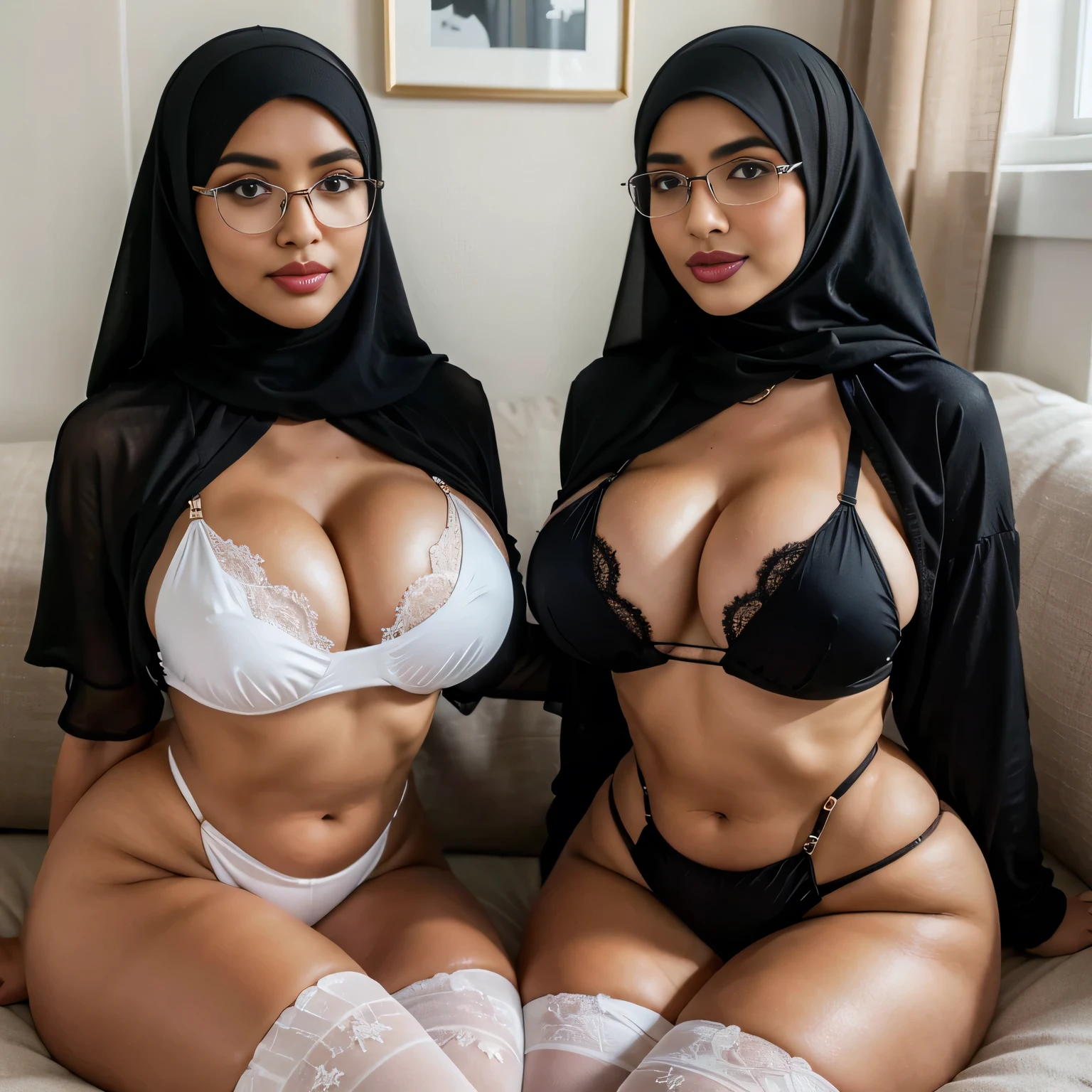 In the intimate settings of living room, two sexually attractive hourglass figure depraved cute baby faces tween (hijabi) (Muslim) 40-years-old moms sit side by side on a plush sofa, radiating lust and sexual desire. They share the same height and body proportions, creating a visually stunning image of unity and strength. Both moms wear white (lace hijabs), beautifully wrapped around their heads, framing their faces and accentuating their sensuality. Complementing their hijabs, both moms wear (stockings) (daring sling bikinis) that add a subtle hint of allure to their ensemble. The stockings enhance their sensual and lust-satisfying posture, further highlighting their lust-satisfying hourglass figures. Their makeup is flawlessly applied, with striking red lips, voluminous mascara, captivating eye shadow, precise eyeliner, and luxurious lashes. These elements enhance their already mesmerizing features, drawing attention to their expressive eyes. As they sit close to each other on a plush sofa, they exude a sense of unity and sisterhood. Their presence showcases the beauty and strength of cute baby faces teenen hijabi Muslim moms, empowering others to embrace their identities and celebrate their unique beauty. both is looking at viewer, skin texture, ultra high res, RAW, instagram LUT, masterpiece, best quality, ultra-detailed, ultra high resolution, RAW, 4k, (looking at viewer), extremely detailed eyes and face, ((beautiful detailed nose)), ((beautiful detailed thigh)), ((beautiful detailed eyes)), perfect body proportion, (looking at the camera), (smile), red lips, (SFW:1.5), both wearing stockings, both wearing hijabs, (glasses)