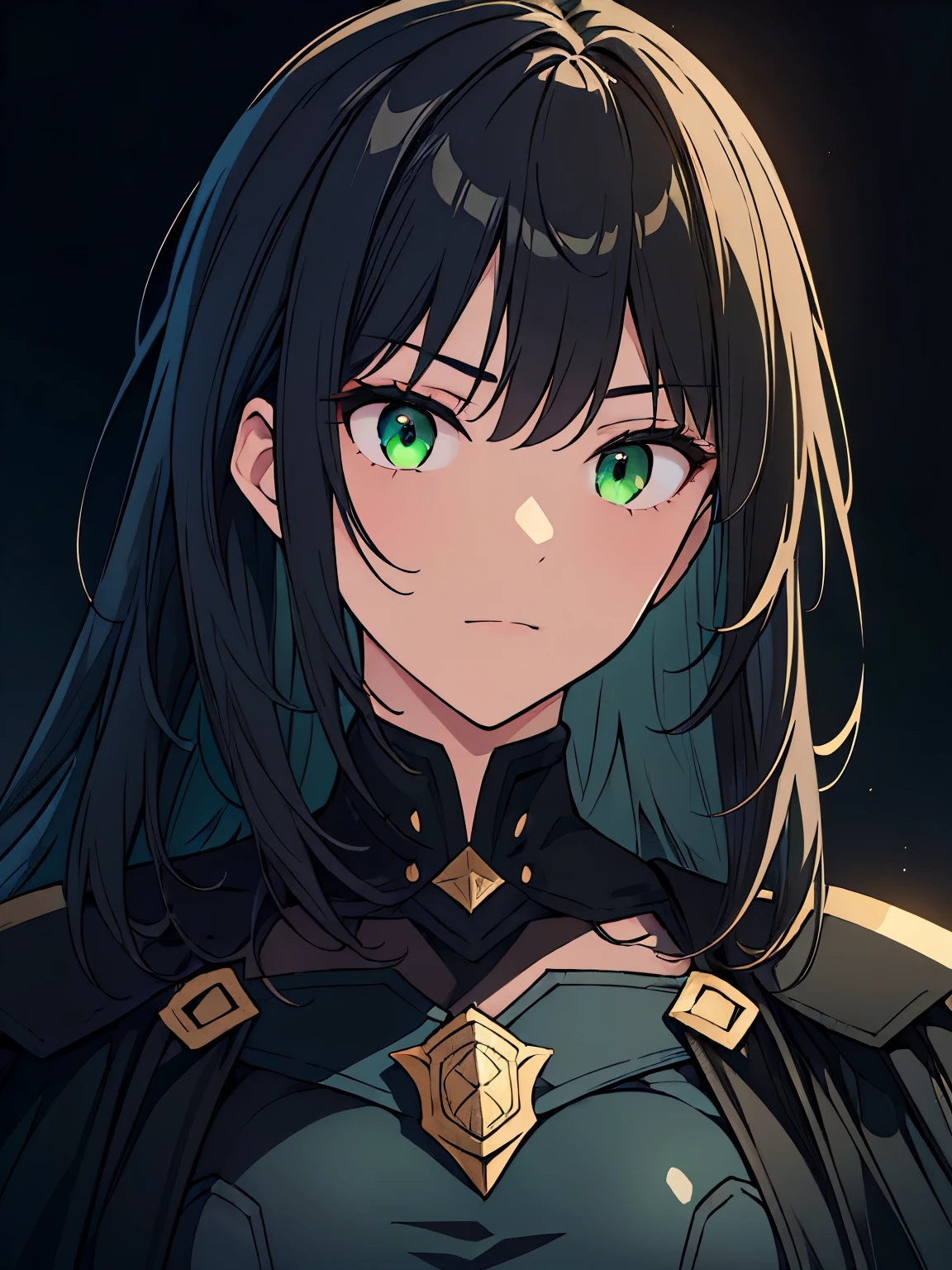 [(black background:1.5)::5], (masterpiece:1.2), (upper body:1.5), portrait. 1girl, best quality, game cg, perfect face, detailed eyes, black hair, green eyes, serious face, centered, black cape, gauntlets, black armor