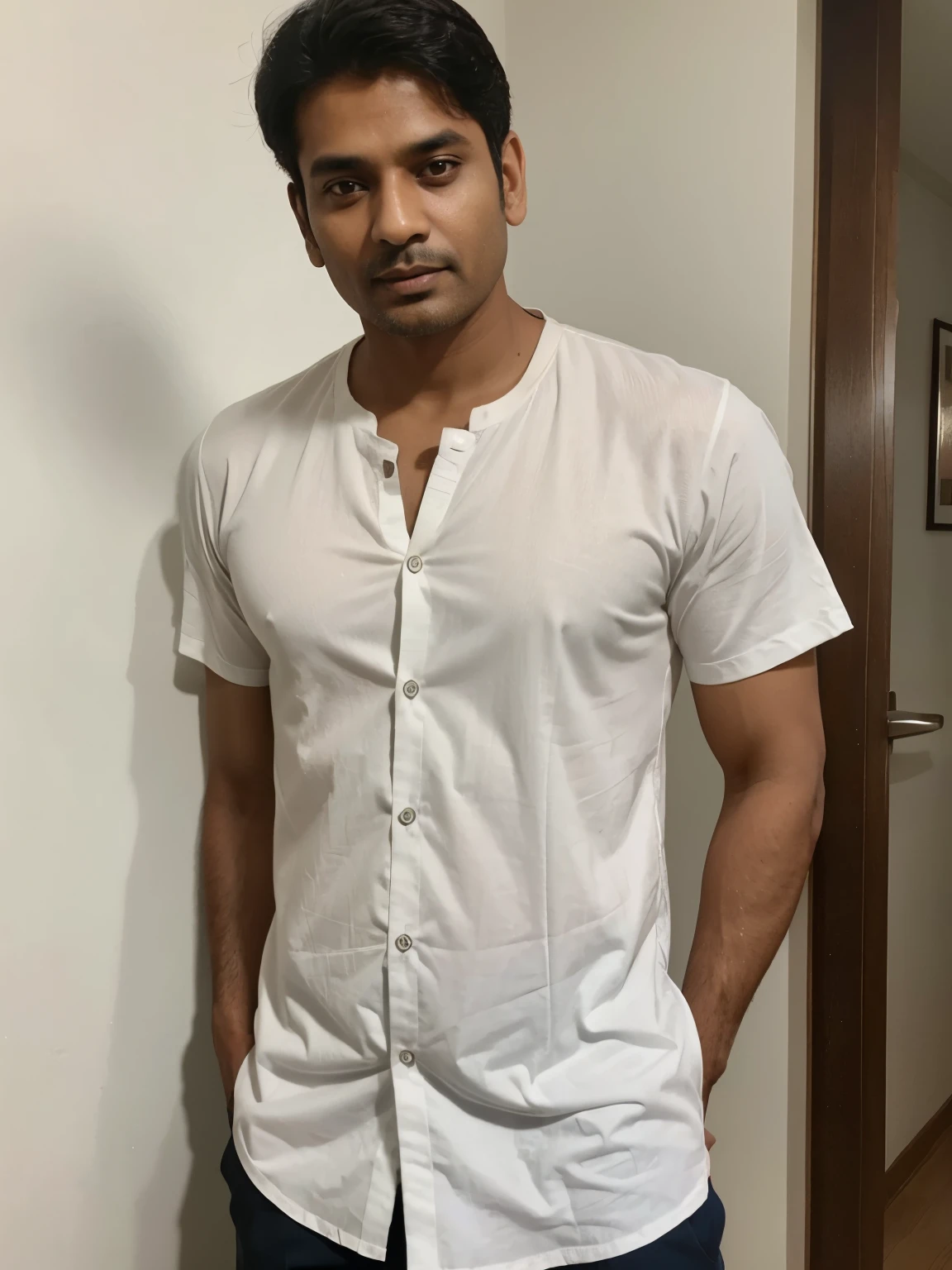 Image of an indian man about 35 age with simple dress and style , more slim, wearing a shirt , good looking with very slim fit body