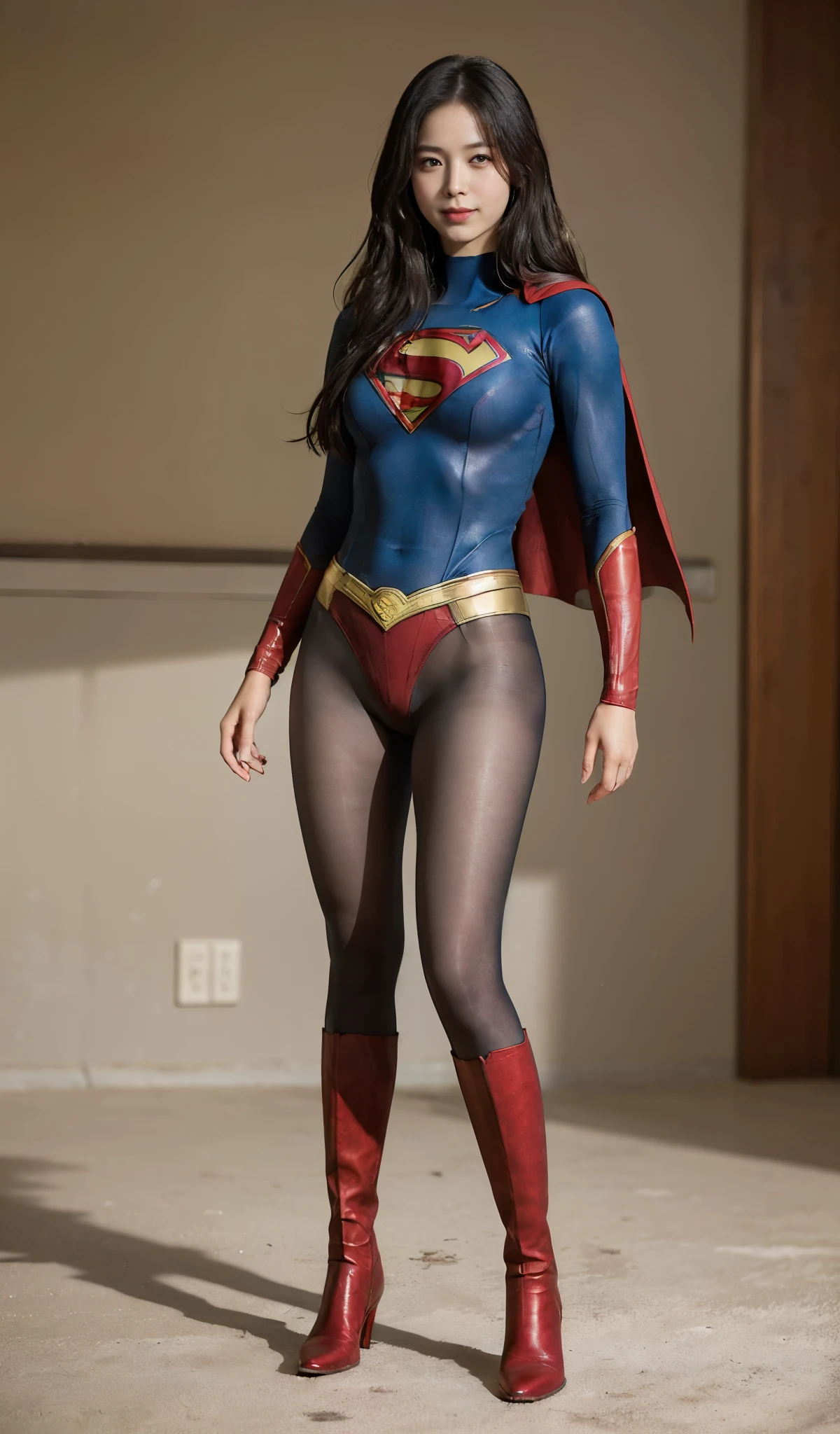 No background、(((Improve your style)))、(((Model Body Type)))、(((Beautiful legs in black tights.)))、(((Legally express the beauty of your smile)))、((((Make the most of your original images)))、(((Supergirl Costume)))、(((A form-fitting Supergirl costume)))、(((Beautiful Hair)))、(((suffering)))、(((Please wear black tights....、Wear red boots)))、((Best image quality、8k))、((highest quality、8k、masterpiece:1.3))、(((Preserve background )))、Sharp focus:1.2、Beautiful woman with perfect figure:1.4、Slim Abs:1.2、Wet body:1.5、Highly detailed face and skin texture、8k