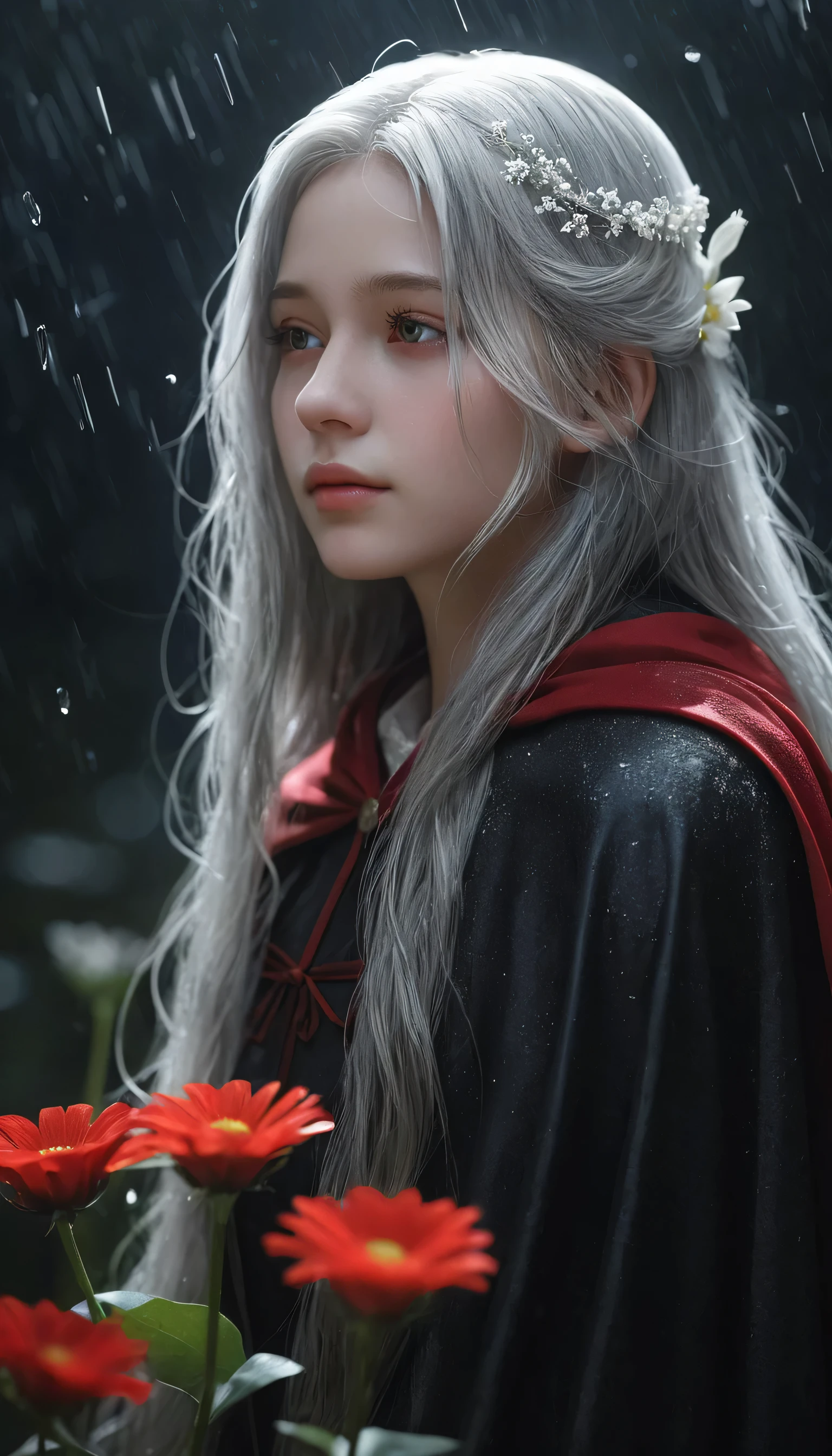 One girl,alone,One girl,alone,((Beautiful fine details)), (Detailed light),Depth of written boundary,(Gray Hair),Silver Eyes,Hair on one eye,(Red flower ), Hair Flowers,Long Hair,Black Cape,Wet,Emotionless,Recall,night,Starfall,it&#39;s raining,fog,Red flowers falling,sketch,Upper Body,Strong Shadows,masterpiece, 最high quality, high quality, High resolution,