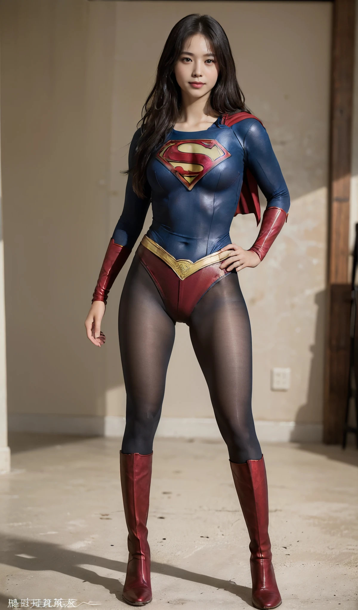 No background、(((Improve your style)))、(((Model Body Type)))、(((Beautiful legs in black tights.)))、(((Legally express the beauty of your smile)))、((((Make the most of your original images)))、(((Supergirl Costume)))、(((A form-fitting Supergirl costume)))、(((Beautiful Hair)))、(((suffering)))、(((Please wear black tights....、Wear red boots)))、((Best image quality、8k))、((highest quality、8k、masterpiece:1.3))、(((Preserve background )))、Sharp focus:1.2、Beautiful woman with perfect figure:1.4、Slim Abs:1.2、Wet body:1.5、Highly detailed face and skin texture、8k