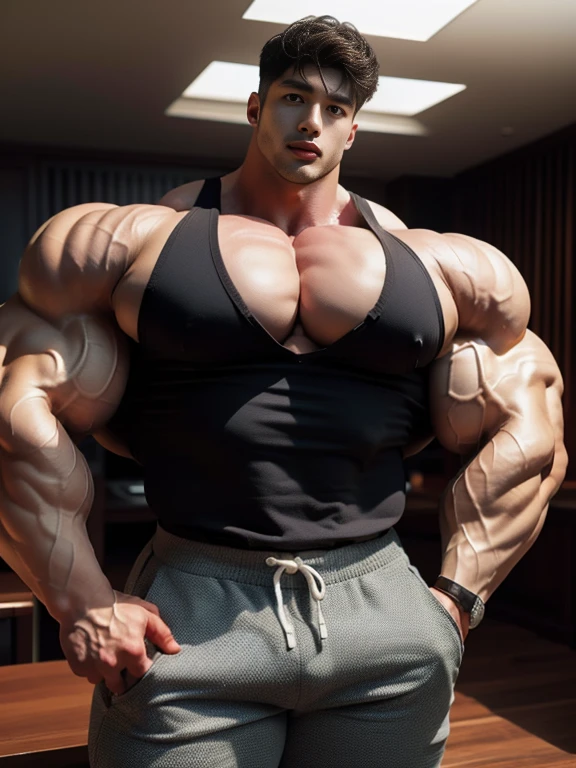 (best quality:1.5, hyperrealistic:1.5, photorealistic:1.4, madly detailed CG unity 8k wallpaper:1.5, masterpiece:1.3, enthusiastically detailed photo:1.2), (hyper-realistic lifelike texture:1.4), highly detailed, ((masterpiece, best quality)), retouched, extremely detailed 8K wallpaper, 1 korean male, (korean man with k-pop idol look), 20yo, handsome, hyper muscle, stubble, firm, wear singlet & pants, red rose, big guy, photo real, illuminating light, giant muscular bodybuilder, bulk, massive body, large size, posing, indoor, decorated room with plant