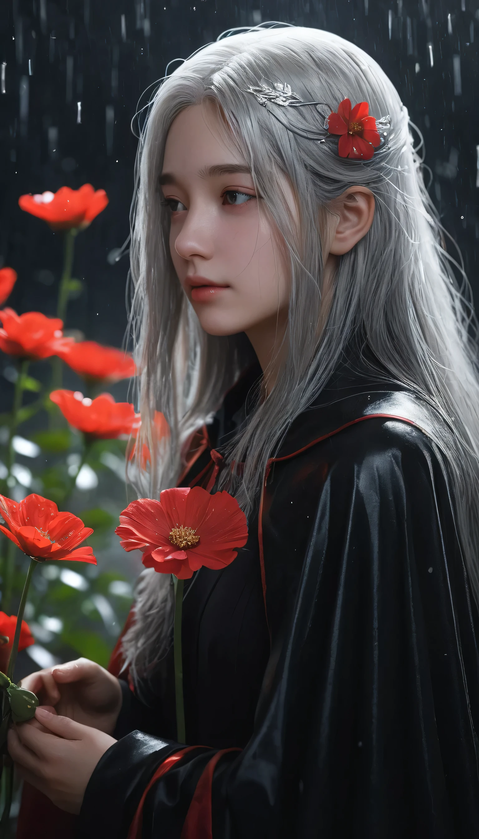 One girl,alone,One girl,alone,((Beautiful fine details)), (Detailed light),Depth of written boundary,(Gray Hair),Silver Eyes,Hair on one eye,(Red flower ), Hair Flowers,Long Hair,Black Cape,Wet,Emotionless,Recall,night,Starfall,it's raining,fog,Red flowers falling,sketch,Upper Body,Strong Shadows,masterpiece, 最high quality, high quality, High resolution,