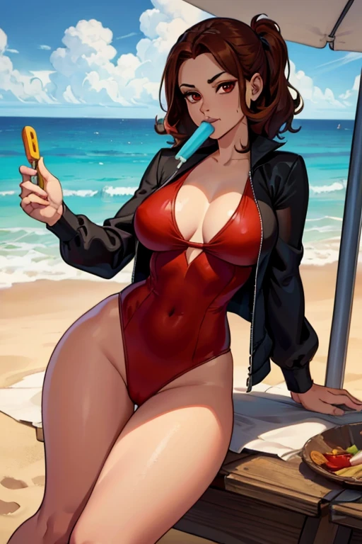 A brown haired woman with red eyes with an hourglass figure in a cute one piece suit is eating a popsicle at the beach