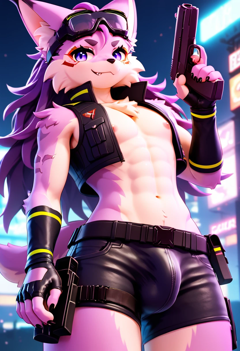 score_9,score_8_up,score_7_up, Lynx, purple fur, purple eyes, anthro, ((long hair)), wavy hair, purple hair, eyeliner, eyelashes, black eyeshadow, furry art, cheeks tuft, shoulder tuft, male focus, femboy, tactical gloves, one fang, kemono, shota, fluffy neck, icon portrait, claws, black nails, arm warmers, :p, frown, cyberpunk jacket, evil smile, neon, cyberpunk glases, cyberpunk earphones, ((glock pistol)), navel, helmet, (goggles), crotch tuft, ((military vest)), belt, (holster), leg warmers, pink clothes, 3d, blender software, (shorts), nipples, solo focus, ((erect penis under clothes)), pecs, soft body, soft body, (no muscles),