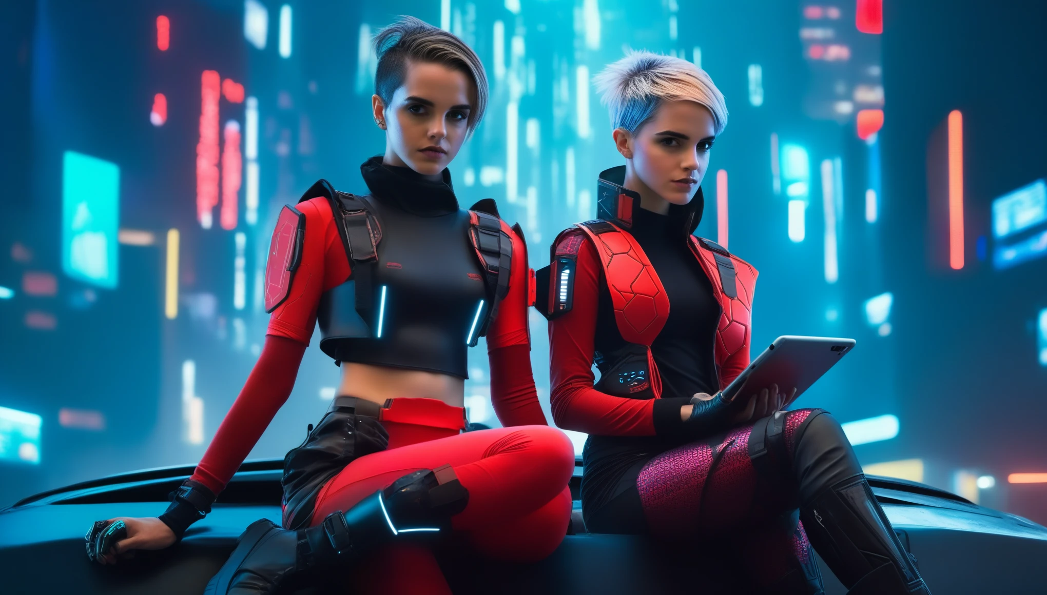 Two young female hackers sitting on the hood of an APC in a cyberpunk metropolis suburbia facing the viewer, right arm resting on her waist, left arm held forward holding a transparent smart tablet, short silverwhite undercut haircut, immaculate skin, thoughtful look on her face, sweat on her skin, full lips, small breasts, legs crossed, fullbody black and red skintight cyberpunk underarmor with intricate hexagon pattern, synthetic utility vest with attached wearable computer, black leather utility belt with multimeter and some probes attached, thigh high black latex boots, cutoff gloves, no makeup, natural fingernails, emma watson, edgFut_clothing, neons, electric circuits