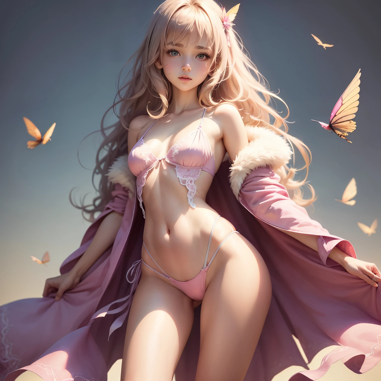 (Pieces fly),(highest quality:1.1),(Very detailed),Best illustrations,The finer details,(Portraits:1.1),(Watercolor)fluffy,1 female,alone,,Small breasts,Anorexic Thin Thighs,slim,(Very delicate and beautiful face),(Beautiful eyes in every detail),Pink thick lips,(Messy Hair),Soft and lazy,(Simple Background:1.2)Overall background color,Transparent parts,In 4K,Full Shot,Thin legs,Pink High Heels,See-through gown,Swimwear,The happi coat is open