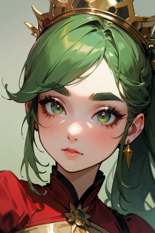 (highest quality, masterpiece:1.2), High resolution, Very detailed, Realistic:1.37, Fantasy, An illustration, Green Eyes、Queen, Red dress.Platinum decoration、beautifully、Eyeshadow Red、Thick eyebrows、Long eyelashes、pupils are black、Her hair is light green、Gold crown、Kissing Face、Embarrassing、people々々々Loved by、ponytail、Shoulder Bare、Surprised face、