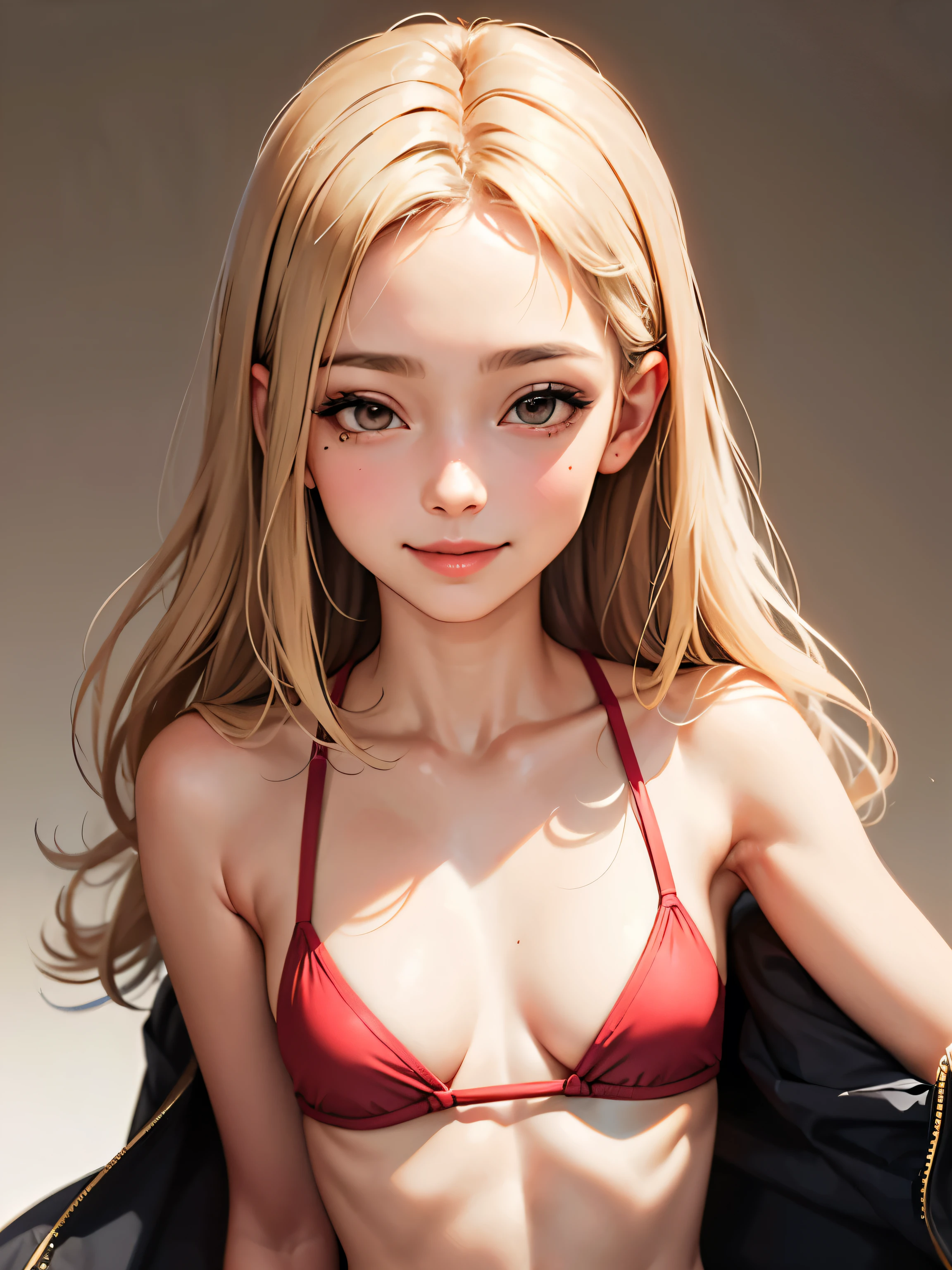 masterpiece, highest quality,Face-to-face audience, Upper body,Middle-aged women,Greek Goddess Attitude, Melon seed face, ((Long, narrow eyes)), Mole under the eye,Brown eyeball, Thin lips, Anorexia,blonde, Very long hair, Laugh with your mouth closed,40 year old mature woman, self-portrait, Simple Background,Thin legs,Close your eyes and smile,Swimwear,The happi coat is open
