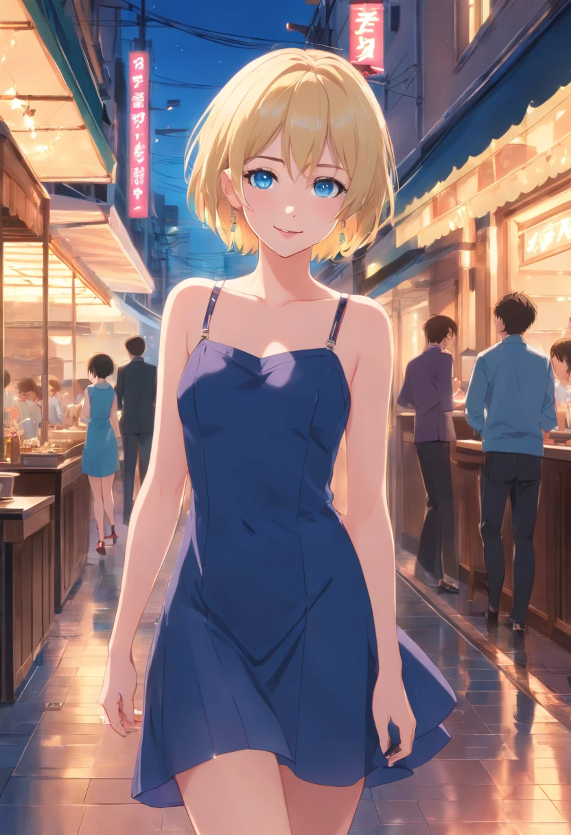 17 years old Women, ((Blonde)), ((Blue eyes)), ((Short hair)), ((Full shot)), very detailed makeup, pale pink lipstick, long earring, black evening dress, with straps and sleeveless, with a great neckline, with ((stiletto shoes)), at the door of a French restaurant, smiling with her head slightly tilted backant, wet floor