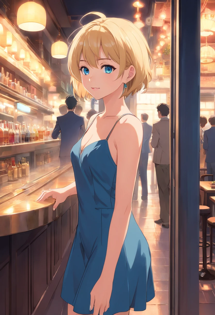 17 years old Women, ((Blonde)), ((Blue eyes)), ((Short hair)), ((Full shot)), very detailed makeup, pale pink lipstick, long earring, black evening dress, with straps and sleeveless, with a great neckline, with ((stiletto shoes)), at the door of a French restaurant, smiling with her head slightly tilted backant, wet floor