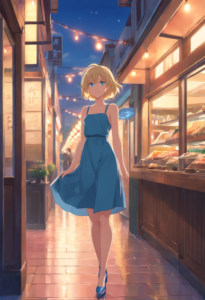 17 years old Women, ((Blonde)), ((Blue eyes)), ((Short hair)), ((Full shot)), very detailed makeup, pale pink lipstick, long earring, black evening dress, with straps and sleeveless, with a great neckline, with ((stiletto shoes)), at the door of a French restaurant, smiling with her head slightly tilted backant, wet floor