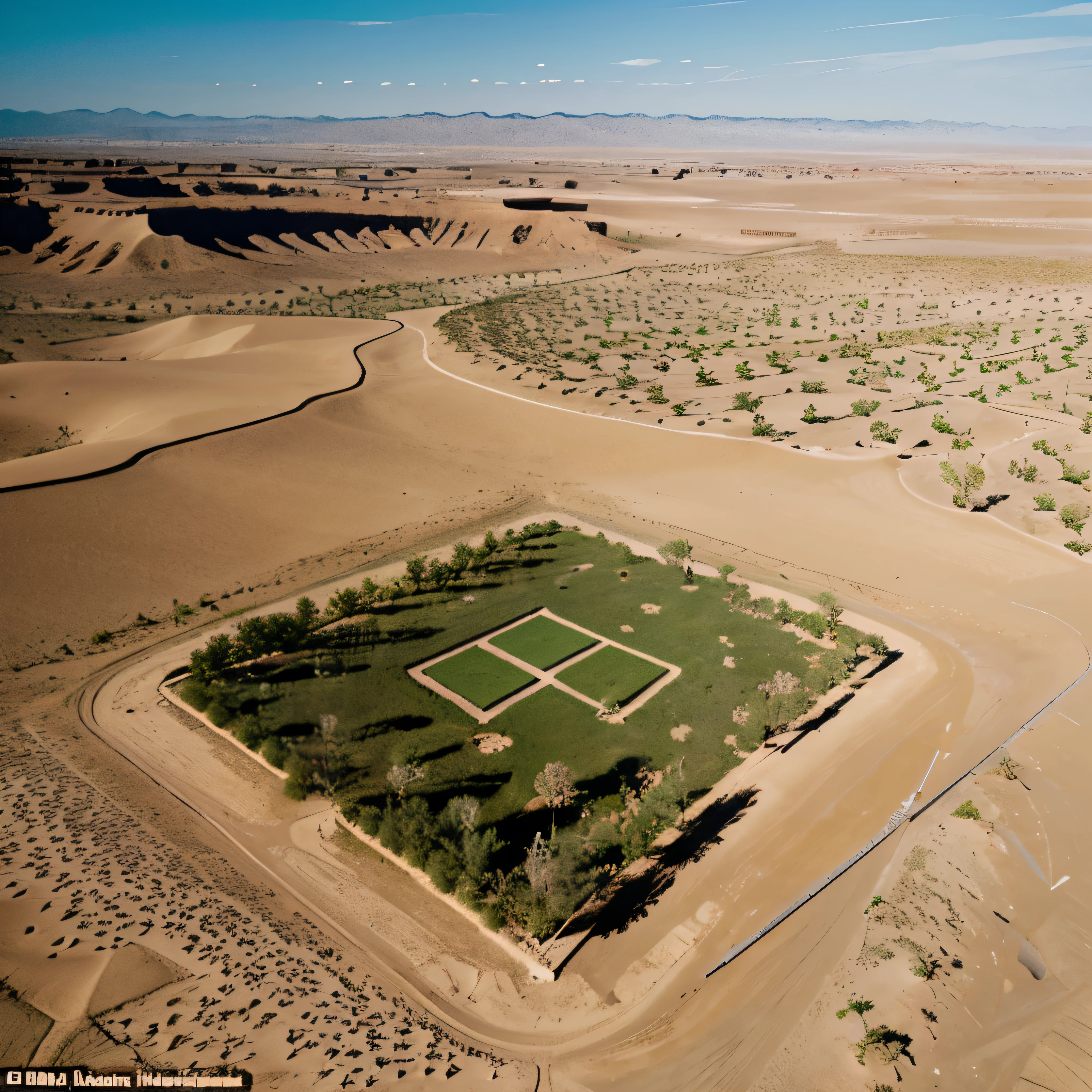 prompt in English a lot of vegetation concentrated in the shape of a rectangle in the desert , visto desde las alturas
