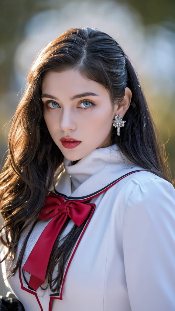 1 miniature Beautiful beautiful woman - Yuan Sayuki, ((top quality, 8K, Masterpiece:1.retty woman, 1 woman, huge breasts:1.3, a slim body:1.1, lush GINGER long hair with 2 buns, (shower, wet body, wet clothes:1.1), very detailed face, detailed lips, detailed eyes, double eyelids, Detailed blue eyes, чрезвычайно Detailed Outstanding Blue Eyes, long GINGER wet hair, GINGER wet hair, Detailed Outstanding Blue Eyes, innocent look at the viewer, very wet wavy white hair, Detailed Outstanding Blue Eyes, huge cross earrings, Outdoors, badges behind, gothic maid uniform, sexy maid dress, bare chest, huge chest tattoo, detailed huge catholic cross earrings, chest tattoo, Outside, wear a silver cross (Detailed cross shape), reality mode, wet breasts, black necklace, human crowd behind, black latex gloves, hair of white snowy colour, night time, red neon lights, demonic nun, nimbus (golden lighting ring above her head), angel, snowy weather, sexy pose, white lingerie, black maid dress, detailed flower wreath made of different colours, open chest