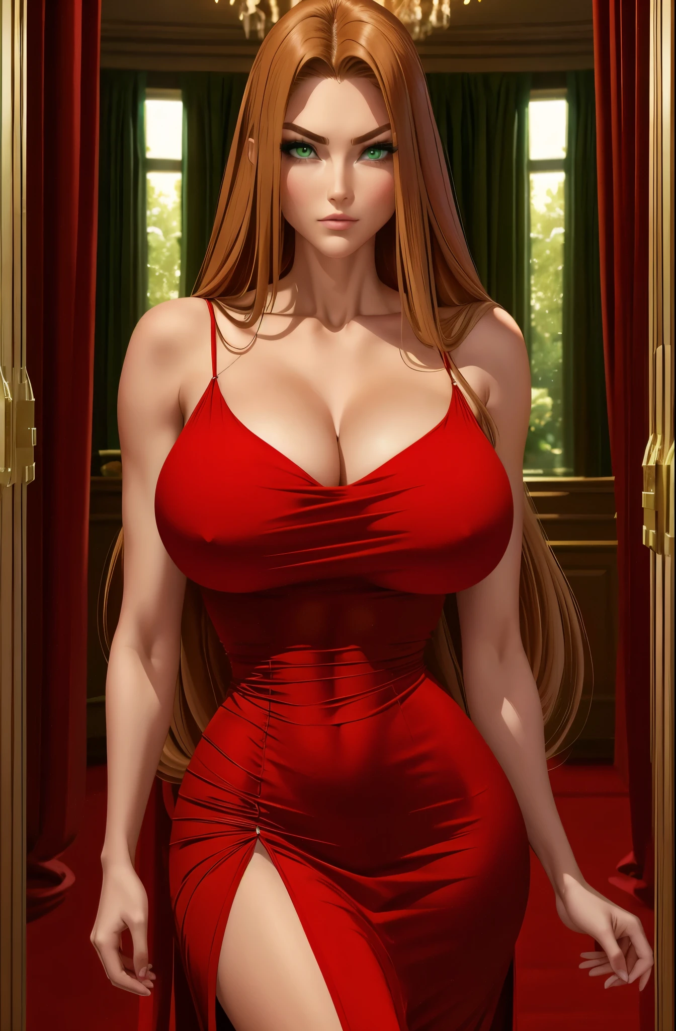 high stature, long hair light chestnut tone, big and almond eyes, intense green eyes, slender and elegant figure, wear a elegant red dress, busty