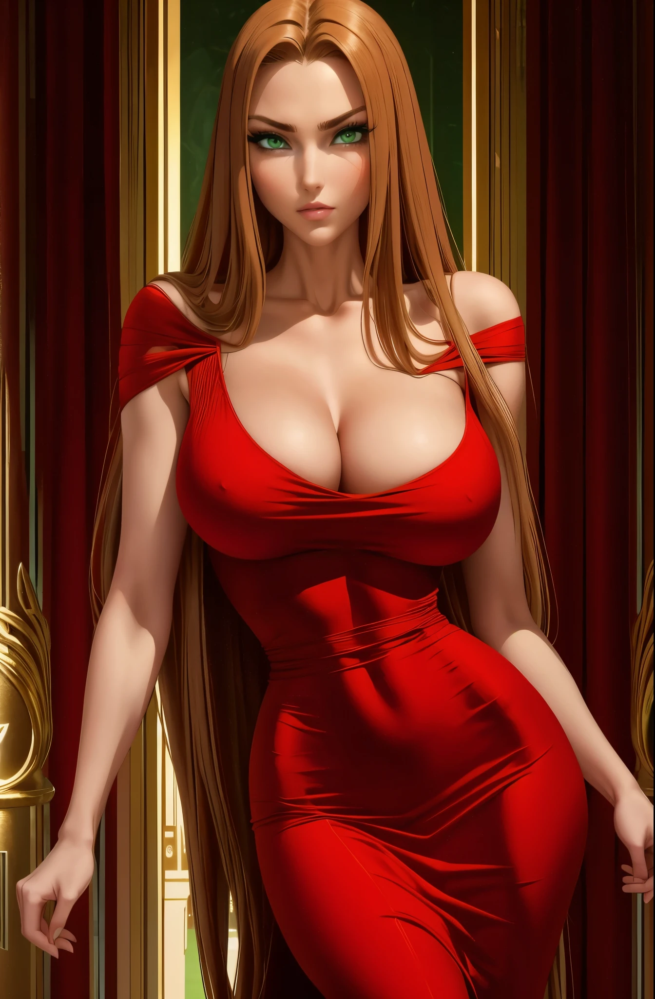 high stature, long hair light chestnut tone, big and almond eyes, intense green eyes, slender and elegant figure, wear a elegant red dress, busty