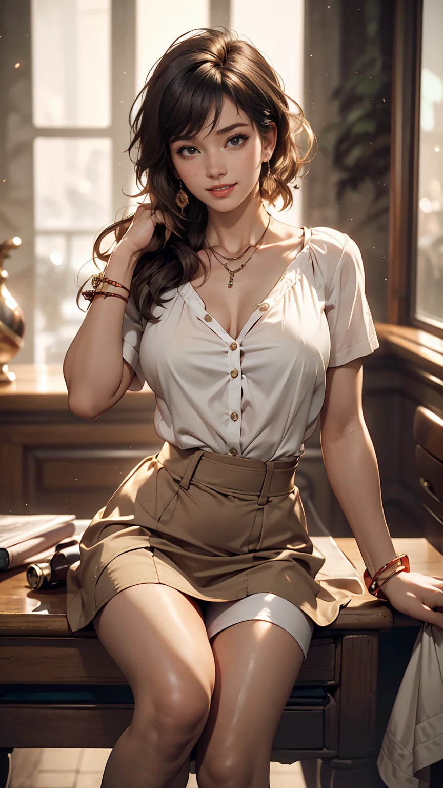 (masterpiece, best quality), 1 girl, curvaceous perfect body, nice breasts, wavy hair, hairband, glasses, printed blouse, pleated skirt, bracelet, necklace, library, natural lighting, standing pose, contrapposto, morning