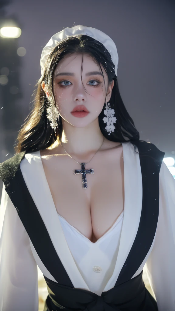 1 miniature Beautiful beautiful woman - Yuan Sayuki, ((top quality, 8K, Masterpiece:1.retty woman, 1 woman, huge breasts:1.3, a slim body:1.1, lush GINGER long hair with 2 buns, (shower, wet body, wet clothes:1.1), very detailed face, detailed lips, detailed eyes, double eyelids, Detailed blue eyes, чрезвычайно Detailed Outstanding Blue Eyes, long GINGER wet hair, GINGER wet hair, Detailed Outstanding Blue Eyes, innocent look at the viewer, very wet wavy white hair, Detailed Outstanding Blue Eyes, huge cross earrings, Outdoors, badges behind, gothic maid uniform, sexy maid dress, bare chest, huge chest tattoo, detailed huge catholic cross earrings, chest tattoo, Outside, wear a silver cross (Detailed cross shape), reality mode, wet breasts, black necklace, human crowd behind, black latex gloves, hair of white snowy colour, night time, red neon lights, demonic nun, nimbus (golden lighting ring above her head), angel, snowy weather, sexy pose, white lingerie, black maid dress, detailed flower wreath made of different colours, open chest