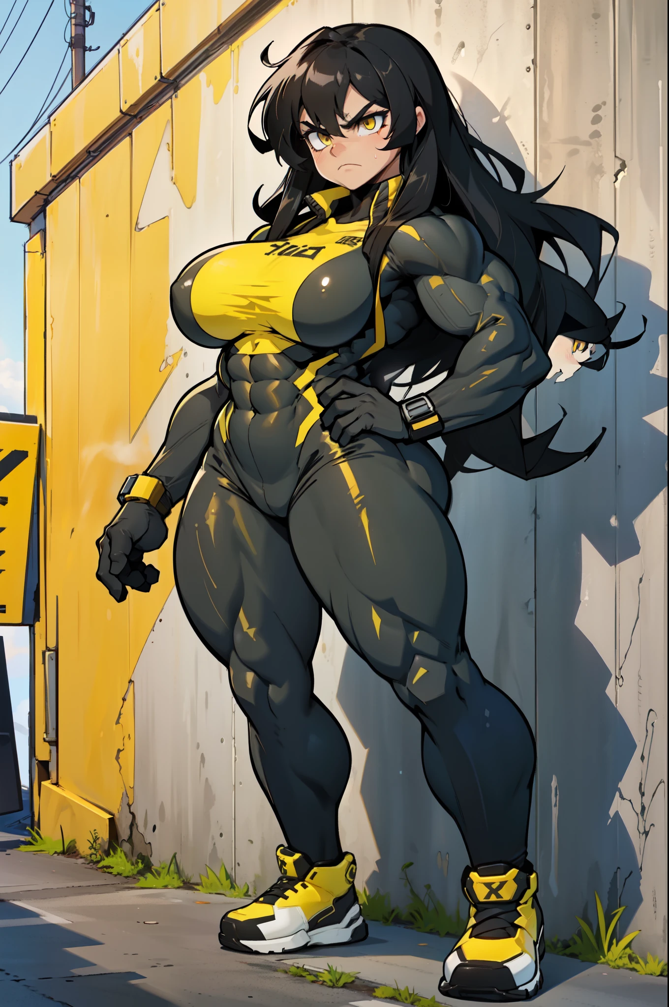 ((((((1girl)))))) (((((muscular))))) ((thick thighs huge breasts)) black hair yellow eyes solo angry pale skin sweaty concrete wall very long hair bodysuit curvy wide hips bodybuilder ((full body))