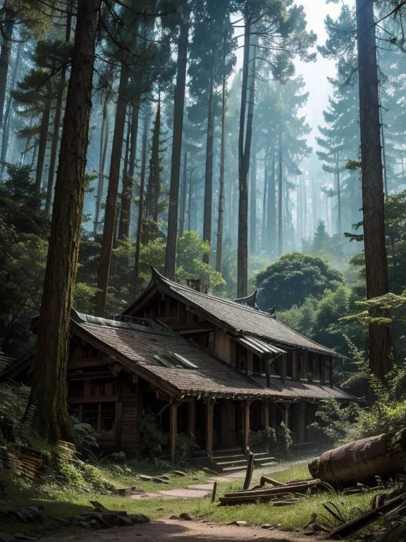 cyber punk, broken, There are lots of photos of old houses there.、There is a deep virgin forest, cyber punk, broken, There are a lot of stones, Lush forest background, Thick wood background, Big Meadow, Arena Background, Game Background, Exaggerated forest background, Manga style