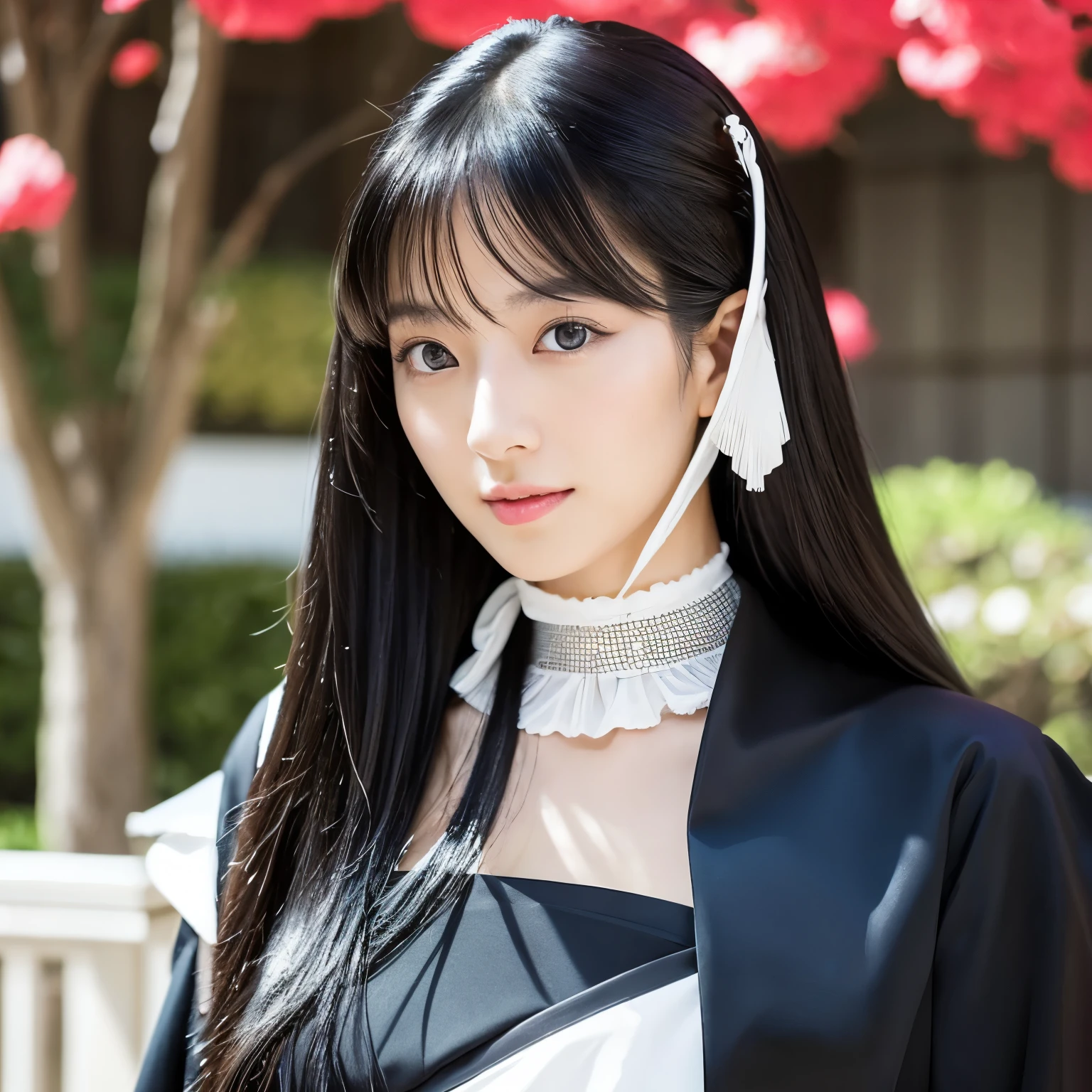 A beautiful AI woman with long flowing black hair and captivating eyes。She is Japan and、With elegance and intelligence。They wear modern, sophisticated clothing that incorporates traditional Japanese elements.。The background is futuristic、It combines ancient and modern aesthetics.。The lighting accentuates her features.、Creating a sophisticated yet friendly atmosphere。
