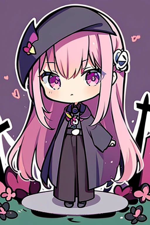 A pink haired female reaper with violet eyes with an hourglass figure is spinning her scythe in a cemetery