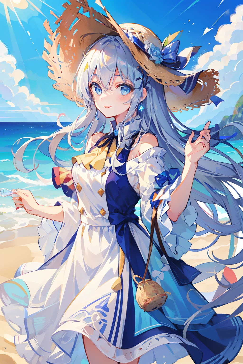 Become a woman。big Smile。Silver-haired long-haired woman。Woman with light blue eyes。Woman in straw hat、I'm on the beach。I am holding a hat in my right hand.。The left hand holds a plastic bottle。It is an anime-style illustration。Beautiful with the best image quality。more Smile。