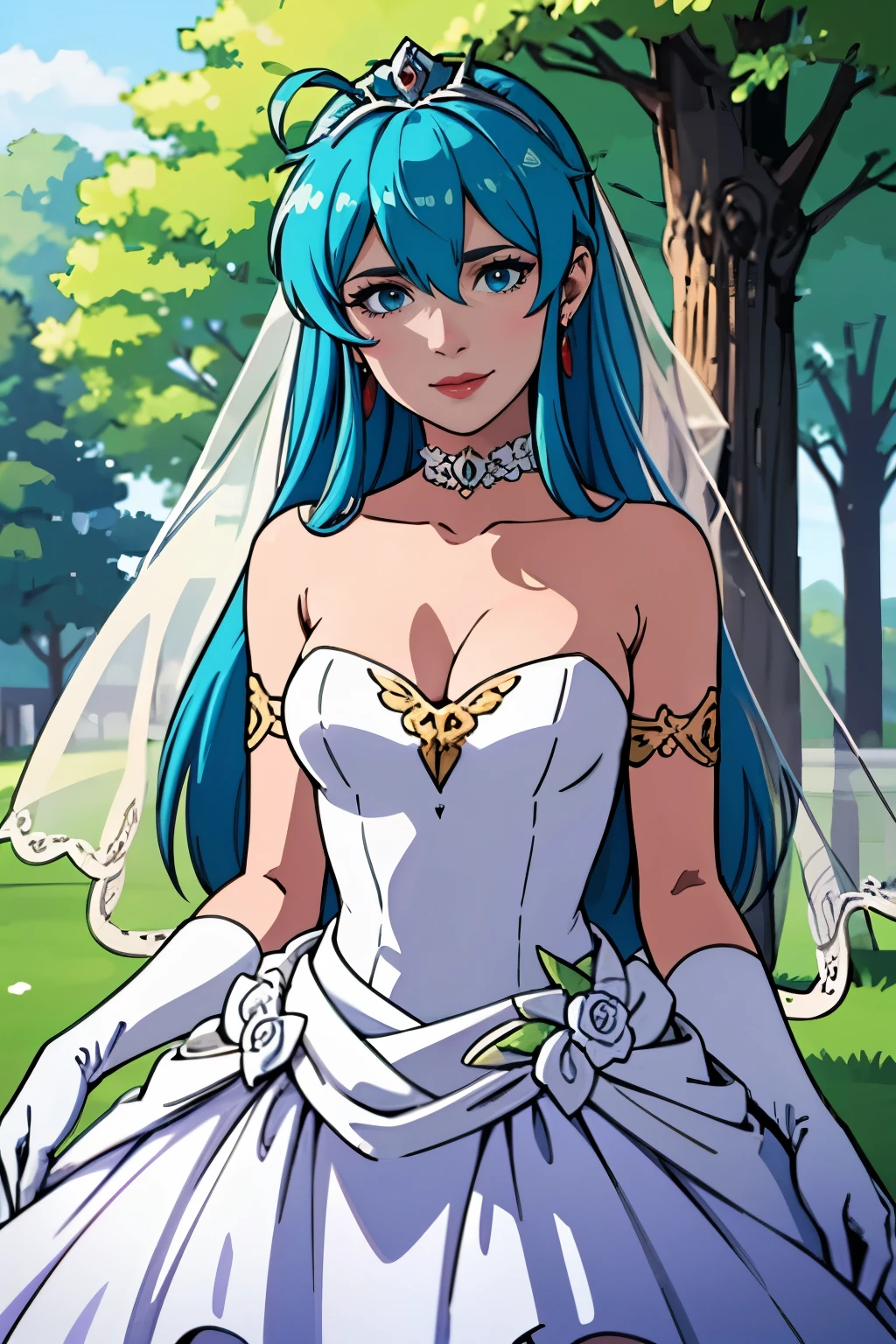1girl, solo,Eirika fe, crown,earrings ,lipstick, eye shadow, makeup, hair between eyes, ahoge, hair ornament, gloves, dress, cleavage, bare shoulders, collarbone, white oprea gloves, white gloves, white dress, strapless, white choker, tiara, veil, strapless dress, wedding dress, bridal veil, beautiful woman, perfect body, perfect breasts, wearing a wedding dress, ball gown, in the park trees, wedding decorations, looking at the viewer, smile, realism, masterpiece, textured skin, super detail, high detail, high quality, best quality, 1080p,