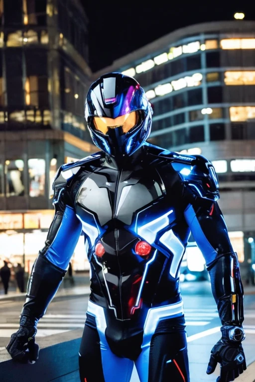 A man in a cybernetic suit, Image of a man wearing a cybernetic helmet fighting aliens in a city at night