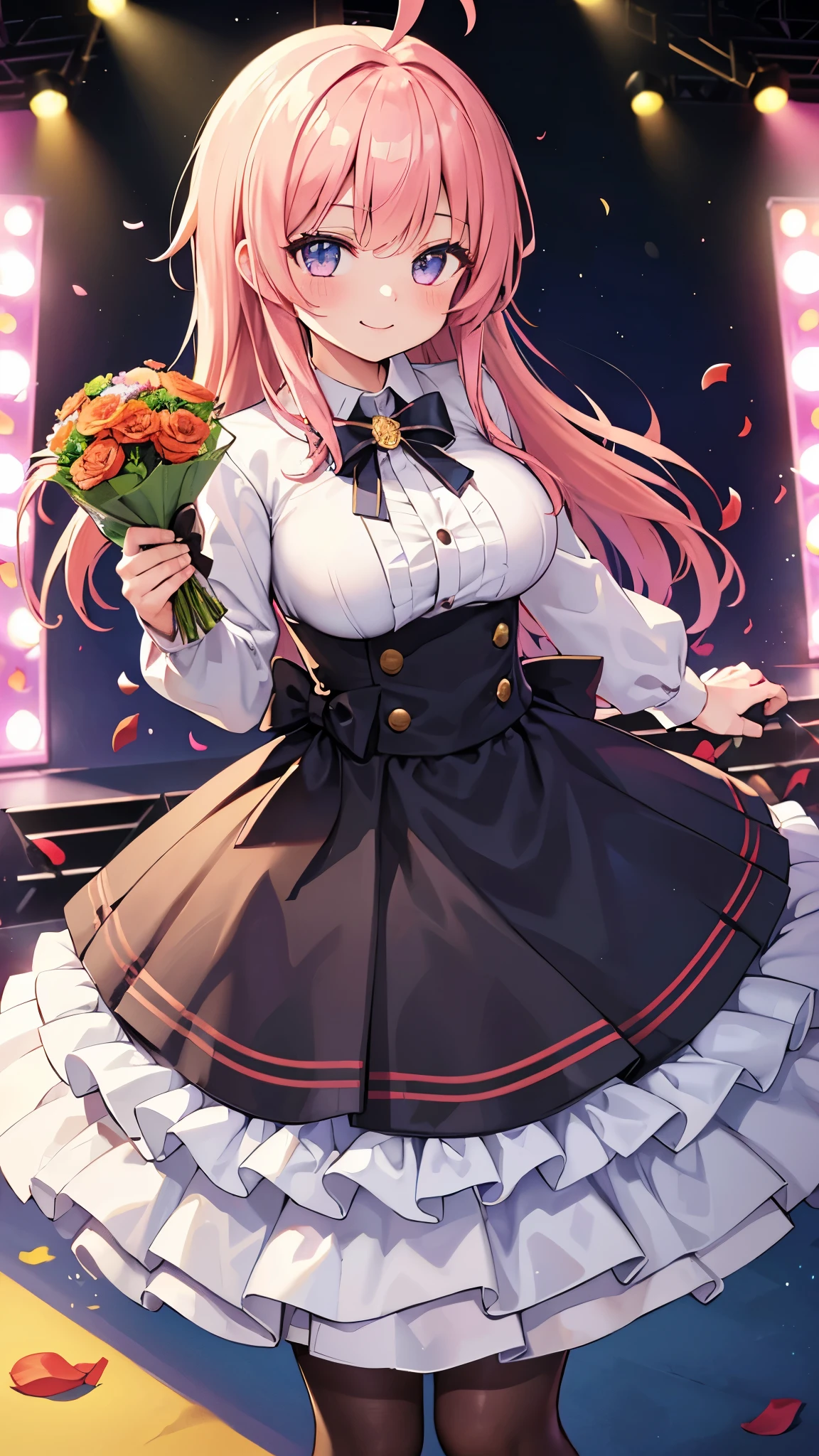 (Tabletop, highest quality:1.2), Cowboy Shot, alone, One Girl, smile,((Wearing idol costume)),  ((Stand on the idle stage)), ((holding a large bouquet of flowers in each hand)), View your viewers, Ahoge, ((Large Breasts)), Collared shirt, Long sleeve, skirt, pantyhose