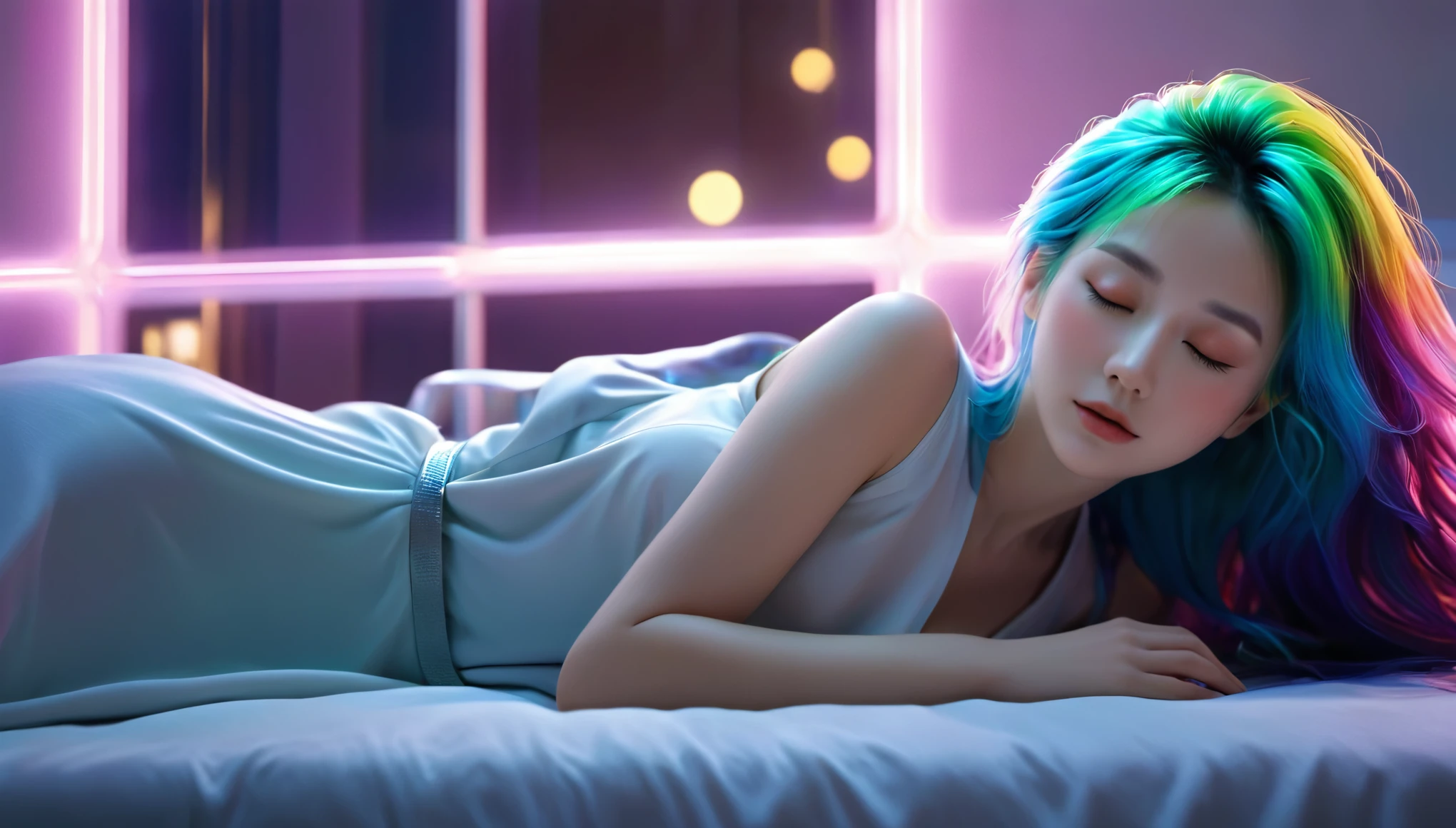 (best quality,8k,ultra-detailed:1.2),(CG,CG art,3D rendering),(masterpiece:1.2),（Crawling on the table），（Sexy clothing），(movie lighting,futuristic),(woman lying in bed,sleeping,closed eyes),(large window behind her,tranquil night),(colorful hair:1.5)