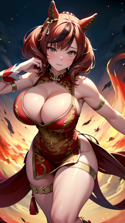 4k, high quality, nice lighting, soft lighting, realistic, nicenature, sexy, big breasts, thick thighs, wide hips, girl with red chinese outfit with gold edges dragon pattern, leg slit, muscular, toned, long flowing chinese dress, ornate, jewelry, hair bun, hair accessory