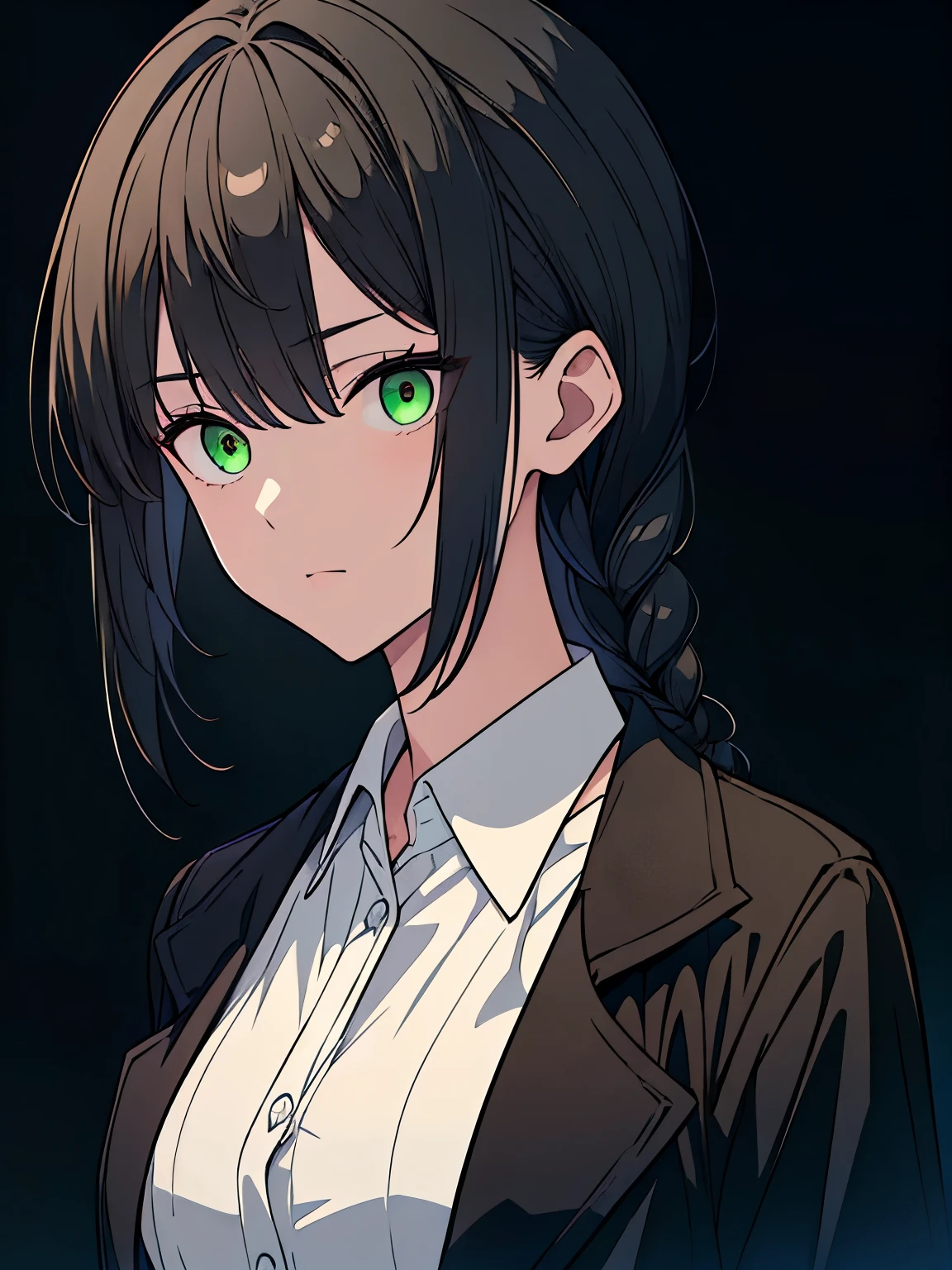 [(black background:1.5)::5], (masterpiece:1.2), (upper body:1.5), (black clothes), 1girl, best quality, game cg, perfect face, detailed eyes, detailed hair, black hair, green eyes, serious face, centered, black coat, single braid, white shirt