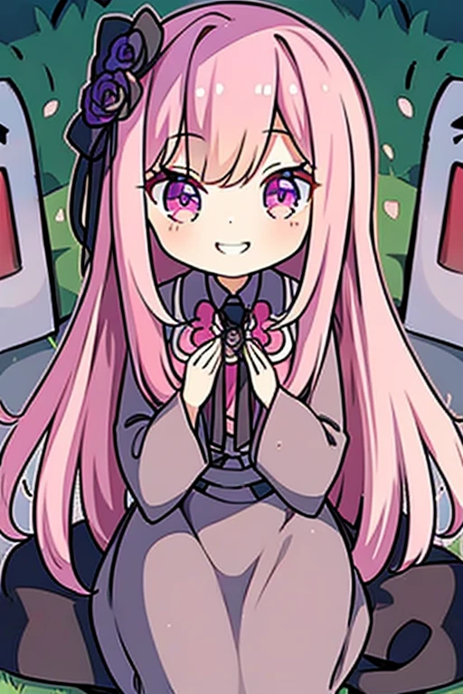 A pink haired female reaper with violet eyes with an hourglass figure is smiling in a cemetery