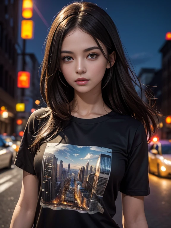 (highest quality, High resolution, masterpiece :1.3), Beautiful woman, Slim figure, Dark brown hair, T-Shirts, (Night city street), Highly detailed face and skin texture, Fine grain, double eyelid