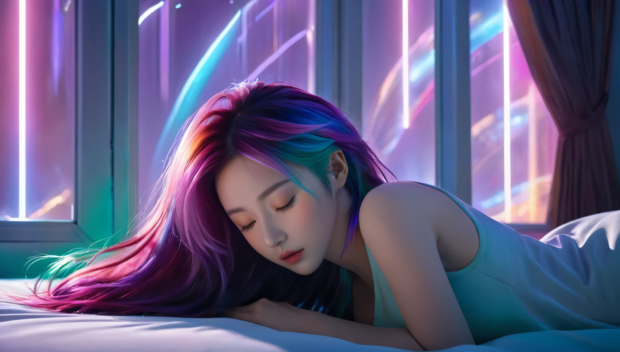 (best quality,8k,ultra-detailed:1.2),(CG,CG art,3D rendering),(masterpiece:1.2),（Crawling on the table），（Sexy clothing），(movie lighting,futuristic),(woman lying in bed,sleeping,closed eyes),(large window behind her,tranquil night),(colorful hair:1.5)