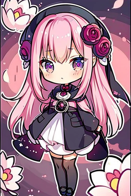 A pink haired female reaper with violet eyes with an hourglass figure is blushing in a flurry of peony petals