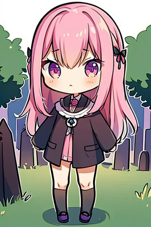 A pink haired female reaper with violet eyes with an hourglass figure is walking with a blush in the cemetery