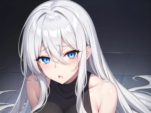 Long Hair, Silver Hair, bangs, blue eyes, Hair between the eyes,Very large breasts,Blushing,Open your mouth, beautiful black sweater, Blushing, Exposing shoulders, Bare arms