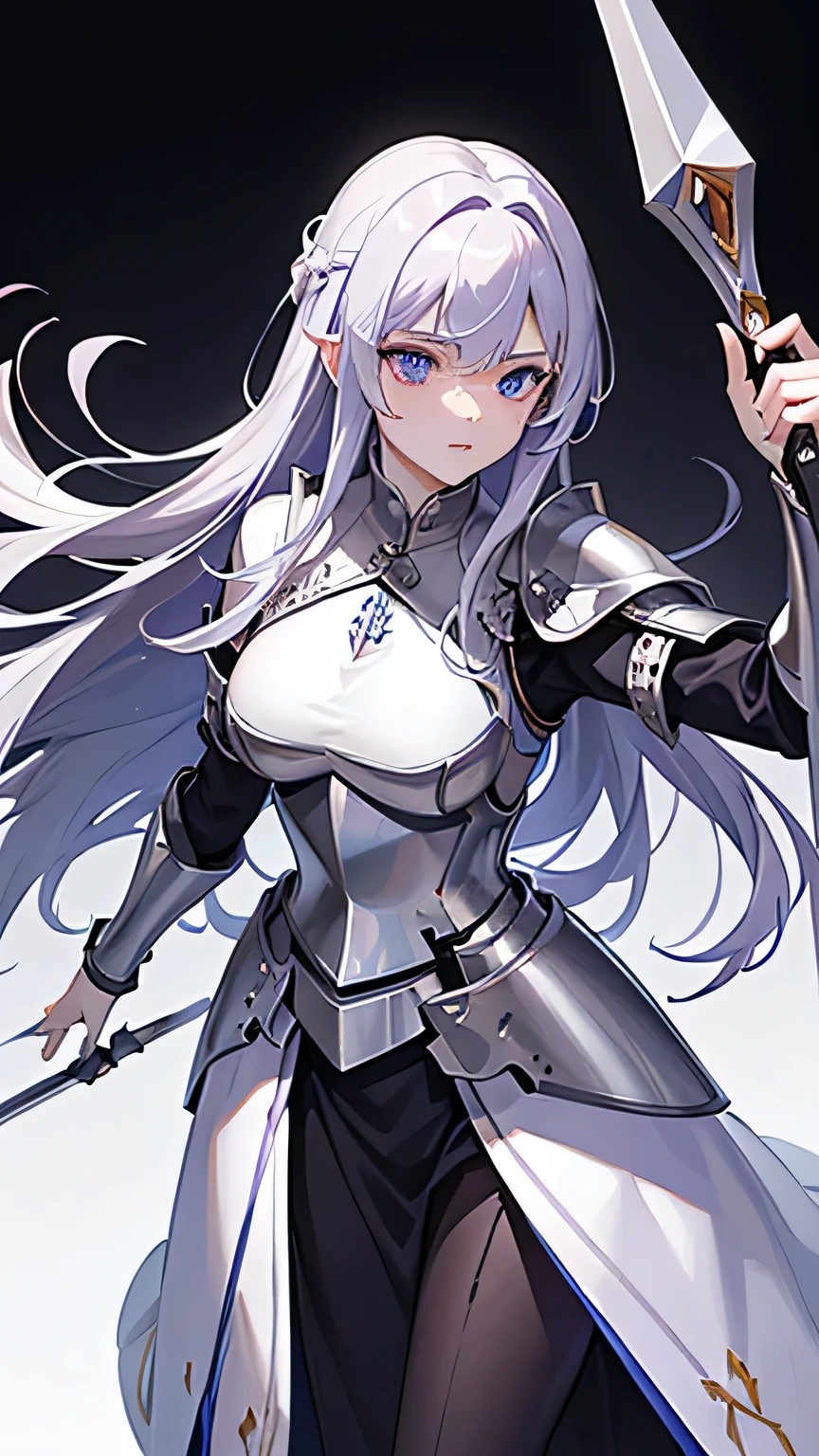 (1woman,Charismatic War Priest,masterpiece,8K,bust,Best quality),Priest charging with a lance,((Purple long hair,Pale skin,blue eyes,Silver plate armor,Knight's gun in hand)),Perfect eyes,perfect pupils,Oil painting style,Thick coating,Thick lines,16k, Ultra HD, Retina, masterpiece, precise, Anatomically correct, best quality, high quality, Textured Skin,Correct finger,The right palm