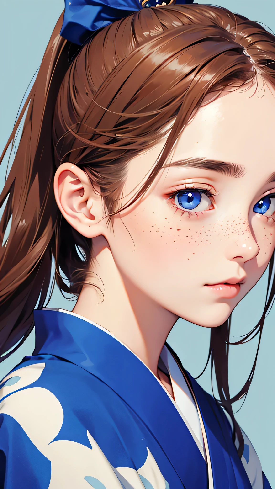 highest quality、Realistic、girl、Japanese、zoom、cute、Cobalt blue eyes、Chestnut Hair、ponytail、White kimono、Japanese clothing、Face close-up、thin、Small breasts、freckles