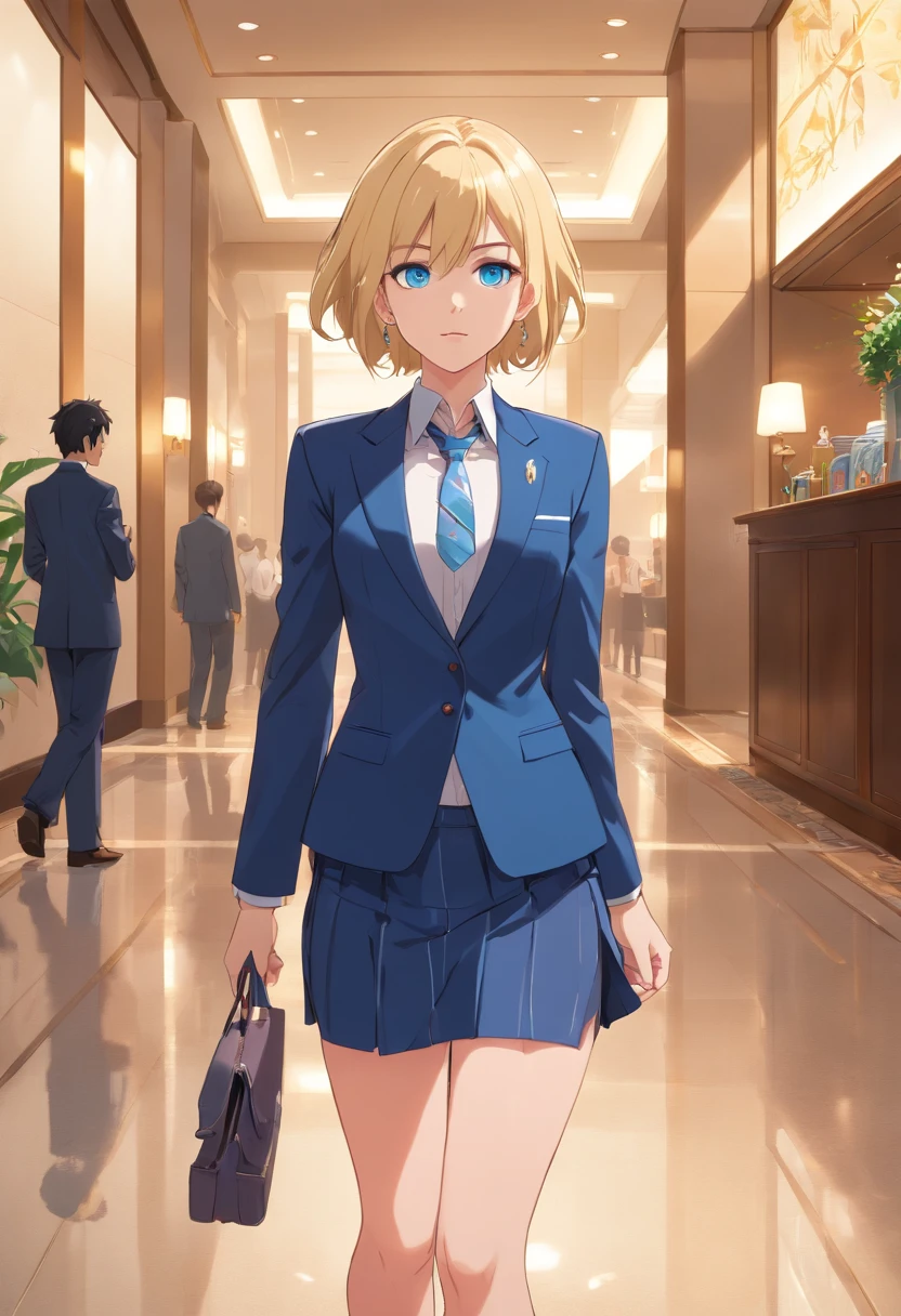 17 years old Women, ((Blonde)), ((Blue eyes)), ((Short hair)), ((Full shot)), very detailed makeup, pale pink lipstick, long earrings, bare shoulders and jewelry necklace,Tailored suit with pencil skirt, short jacket and ((high heels)), Walking through a hotel lobby the floor is wet,